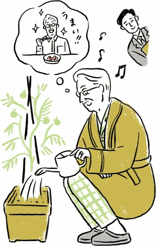 植木に水をあげる男性とそれを見守る男性のイラスト