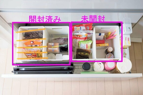 開封ずみと未開封で各2つのボックスに分けて収納