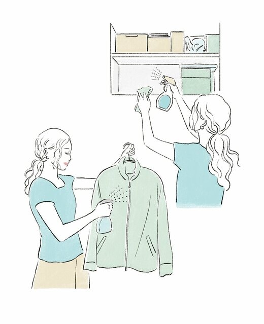 天井棚や衣類にスプレーする女性のイラスト