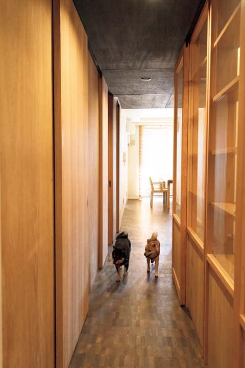 木製建具で明るく落ち着いた雰囲気になった廊下