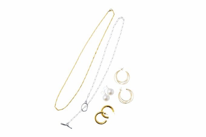 ゴールドチェーンネックレス、シルバーチェーンネックレス、フープピアス、パールイヤリング、メタル連フープピアス(Lattice)