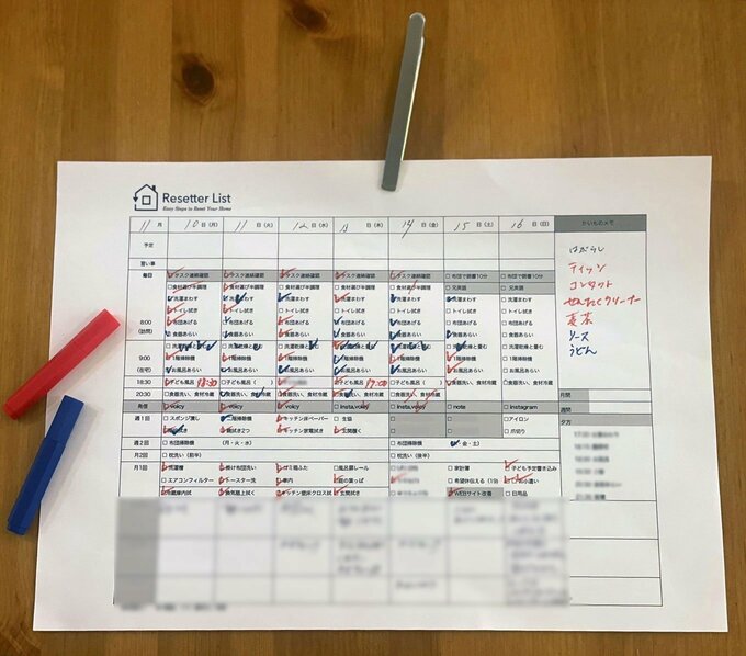 山本香織さん考案の「リセッターリスト(R)」をアレンジして活用。1枚の紙に、毎日やる家事から月1回の家事まで、1か月分の家事を書き出し、家事を終えたらチェックを入れていく仕組み。赤いペンはmiwaさん、青いペンはmiwaさんの夫と色分けすることで、家事の分担状況がひと目でわかるように