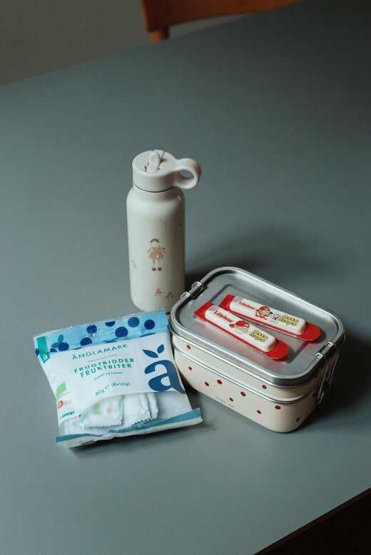 出かけるときによく持っていくセット。ボトル、お弁当、スナック、お弁当箱の上にあるのは子ども用チーズ(リーネさん)