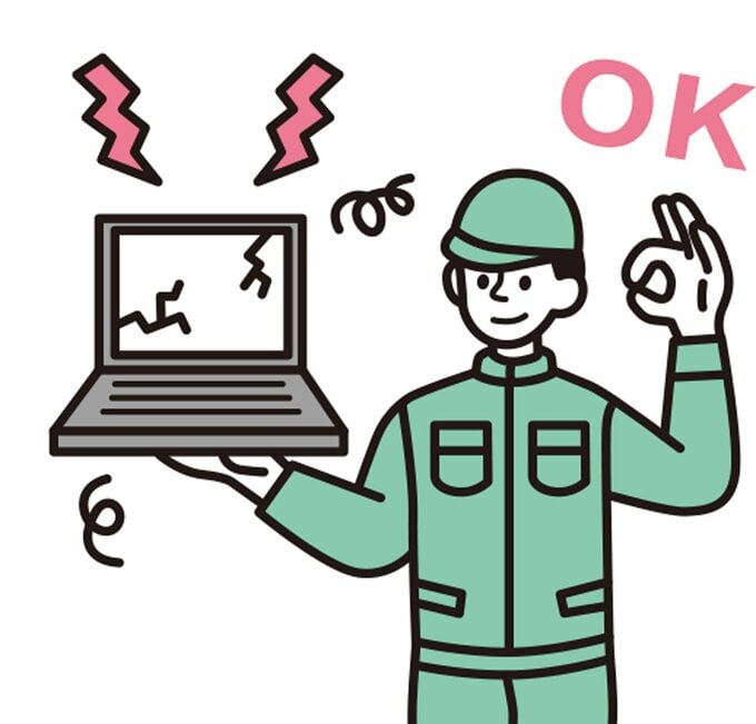 壊れたパソコンを男性が持ってOKポーズをしているイラスト