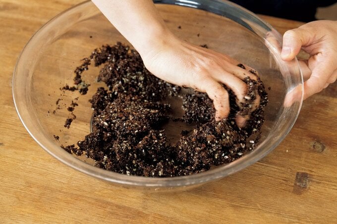 多肉植物の土にこねるように混ぜる