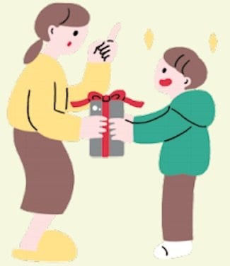 忠告する女性とプレゼントを持つ子ども