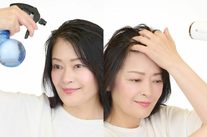 根元部分を水で濡らしたら、髪に手を入れて、左右にふりながら乾かして