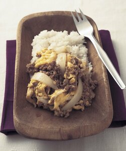 ひき肉とタマネギと卵のソース炒め