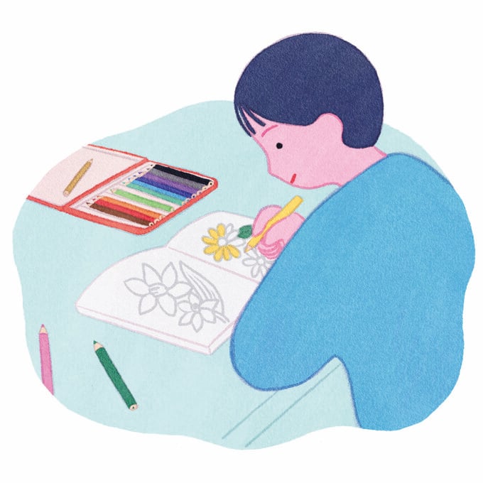 室内で女性が塗り絵をしているイラスト