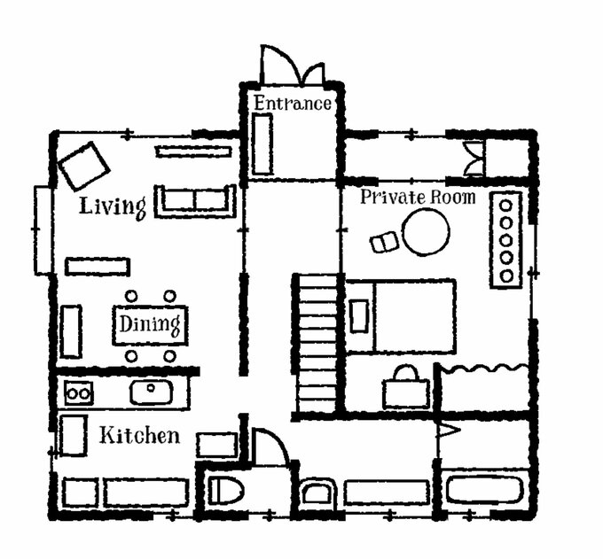 プライベートルームとLDKがある1階の間取り
