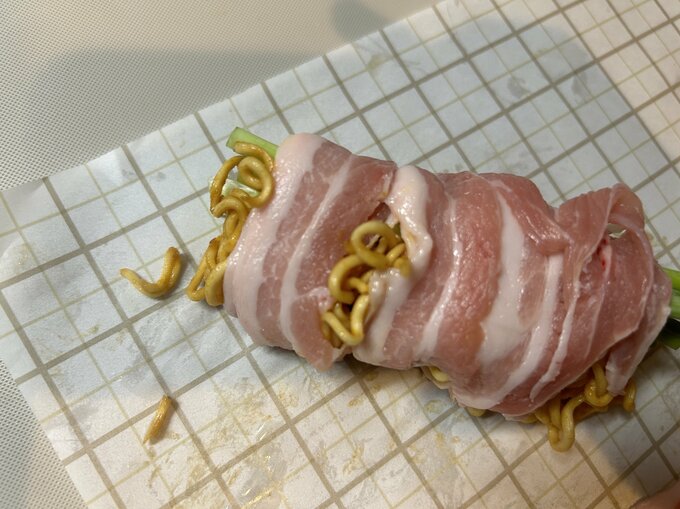 ラーメンの豚肉巻き 失敗作