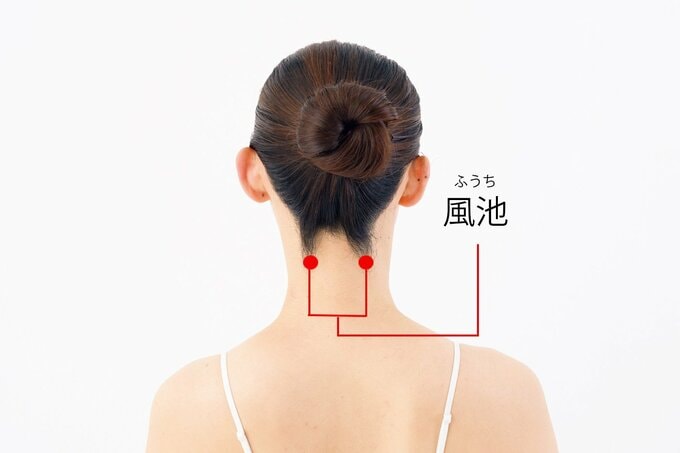 後頭部の生え際、左右2箇所の風池の位置を示す画像
