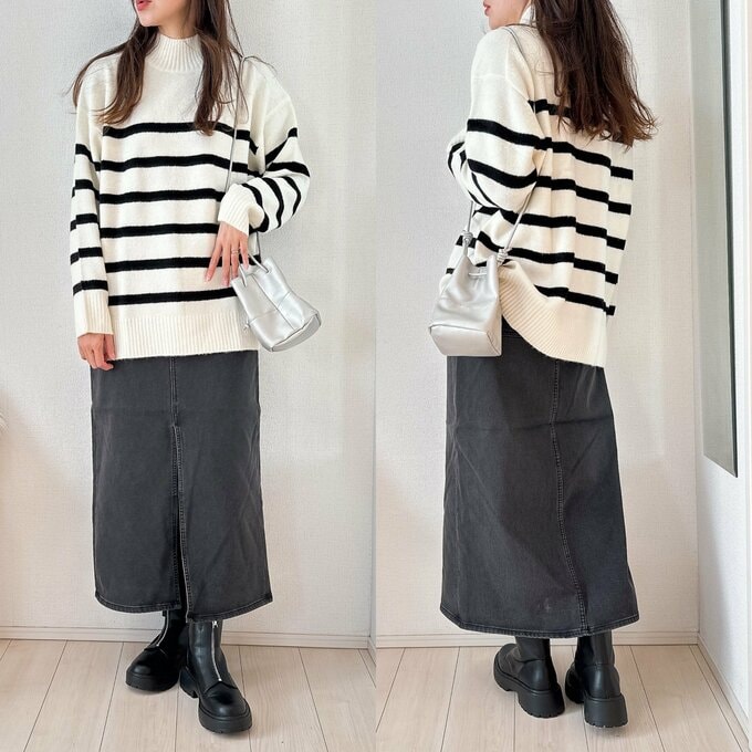 パフィータッチボーダーハイネックセーター着用