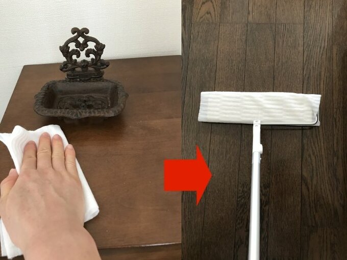 手拭きとフローリングワイパーで拭く様子