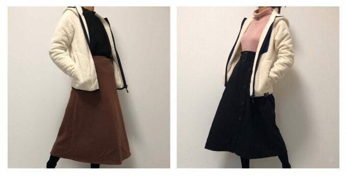 フレアミディニットスカートとベルト付きラップスカート