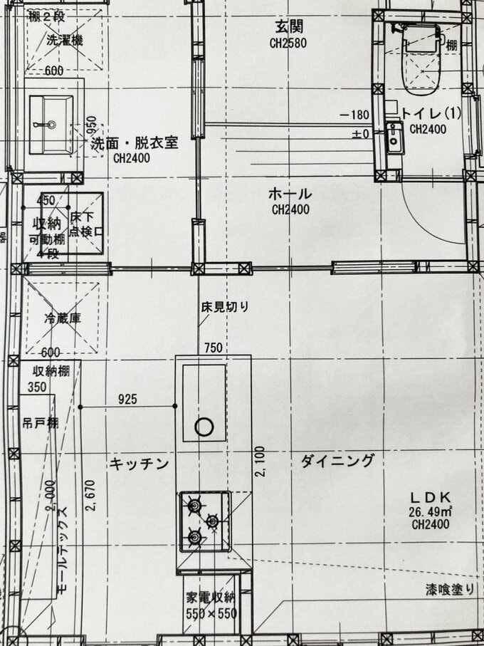玄関を中心に、左右にトイレと洗面所がある間取り