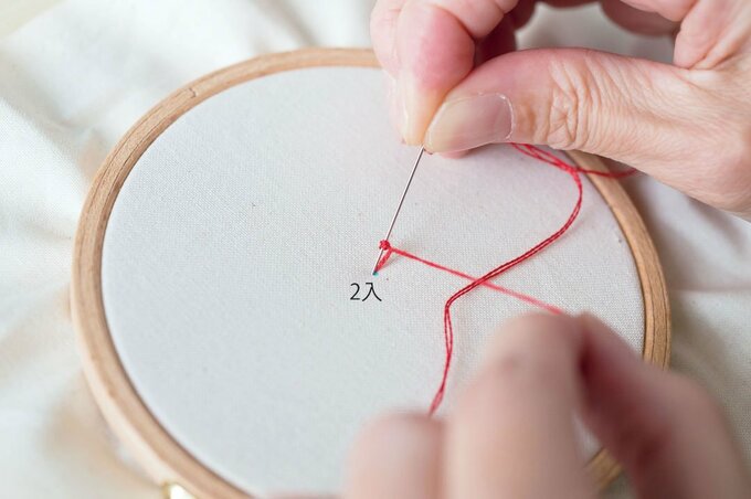 糸を引き締めながら針を刺す様子