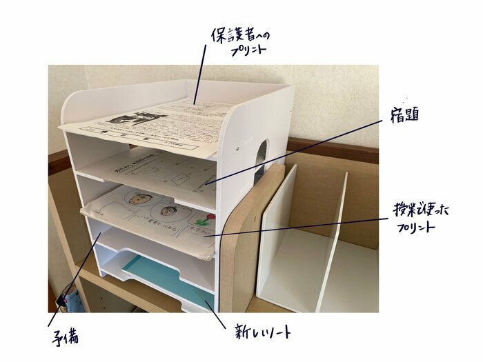 学校用品の整理＆管理はリビングの棚で。小学生の次男に学習机を買わない理由 | ESSEonline（エッセ オンライン）