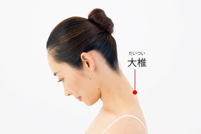 首後ろの出っぱりの下、大椎の位置を示す画像