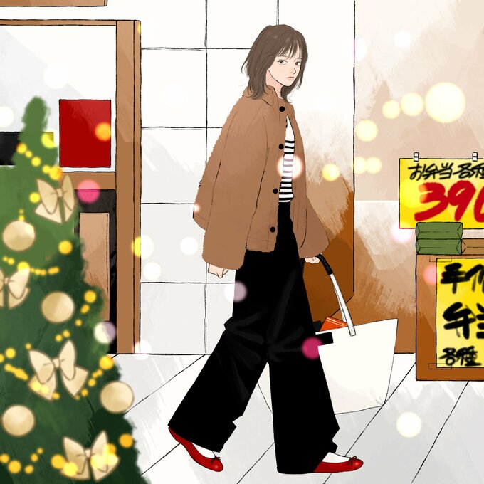 商店街を歩くイラスト