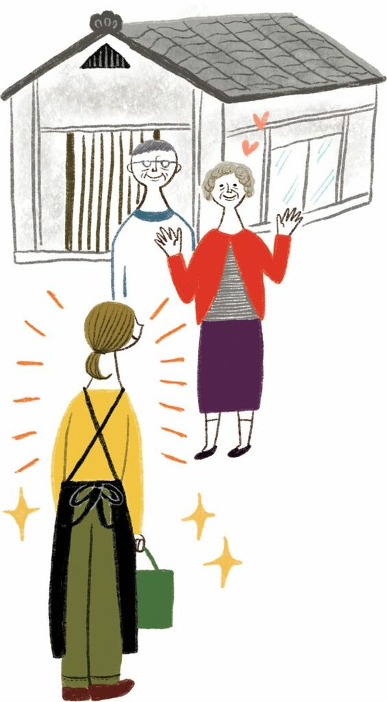 イラスト3人が家の前に