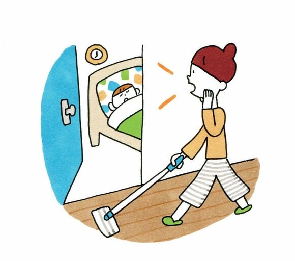 朝、子どもを起こしながらフロアワイパーで床掃除