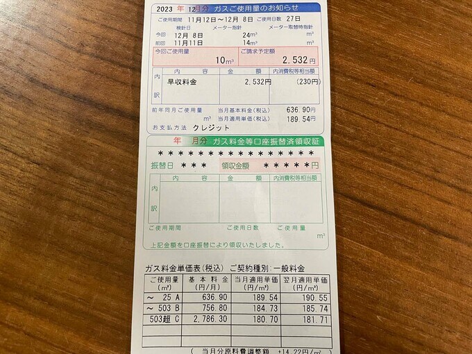 ガス代の明細