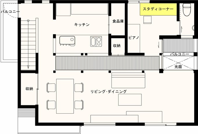 ピアノ室を兼ねた集中部屋の間取り
