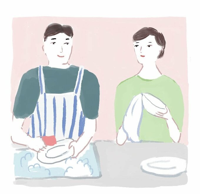 イラスト夫婦で食器洗い
