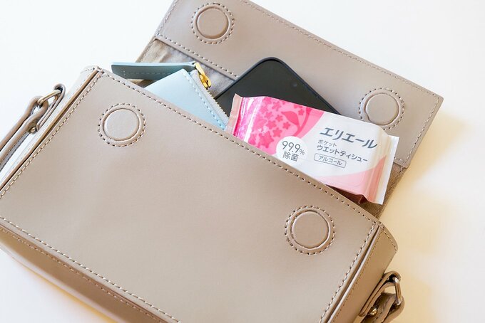 バッグにウェットティシューを収納している様子