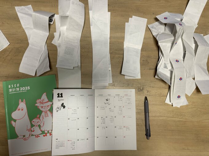 仕分けしたレシートと家計簿&スケジュール帳