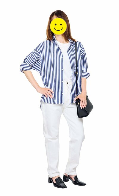 ストライプシャツ＋ホワイトデニムコーデ