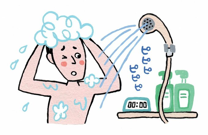 イラストシャワーで髪を洗う男性