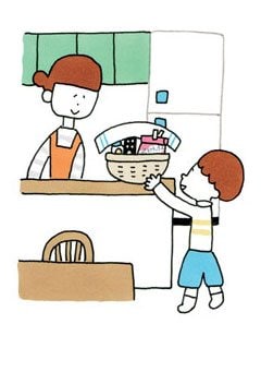 ダイニングに 専用の カゴを置く