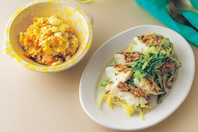 春キャベツと白身魚のマスタード蒸しと新ジャガポテトサラダ