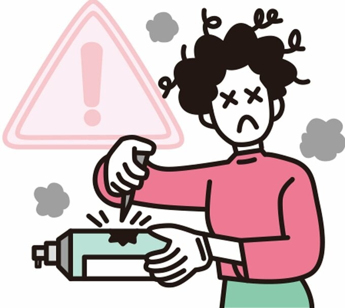 スプレー缶に穴をあけて髪がぼさぼさになった女性のイラスト
