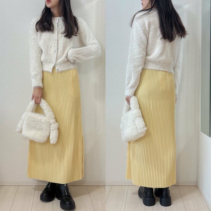 coca　裏起毛ランダムリブロングスカート　コーデ