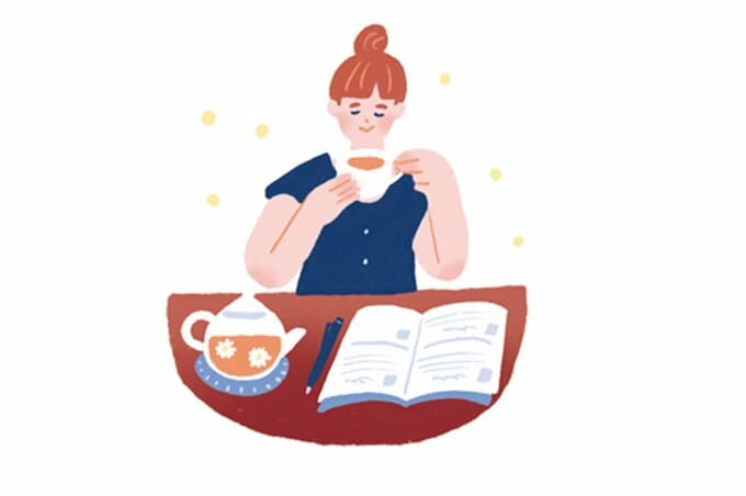 ティーを飲みながらリラックスする女性のイラスト