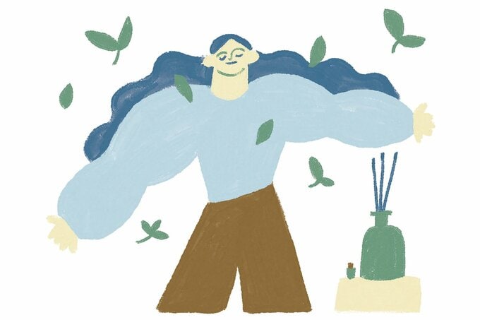 アロマディフューザーのそばで両手を広げる女性のイラスト