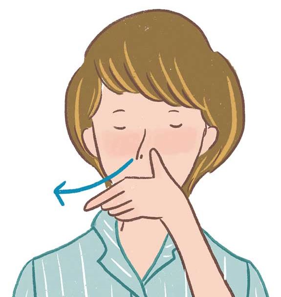 左手親指で左鼻を押さえる