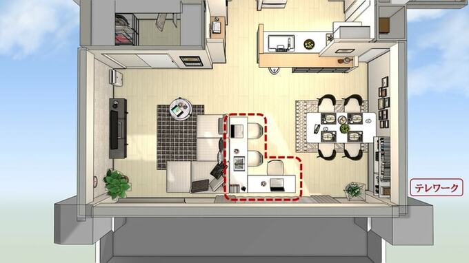 動線に沿ってつくったL字型のテレワークスペース