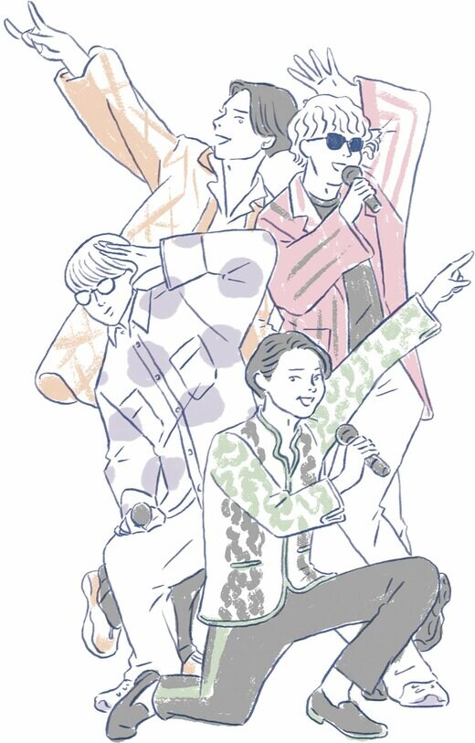 男性アイドルグループ4人のイラスト