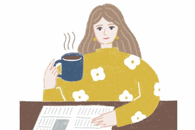 コーヒーを飲みながら新聞を読む女性のイラスト