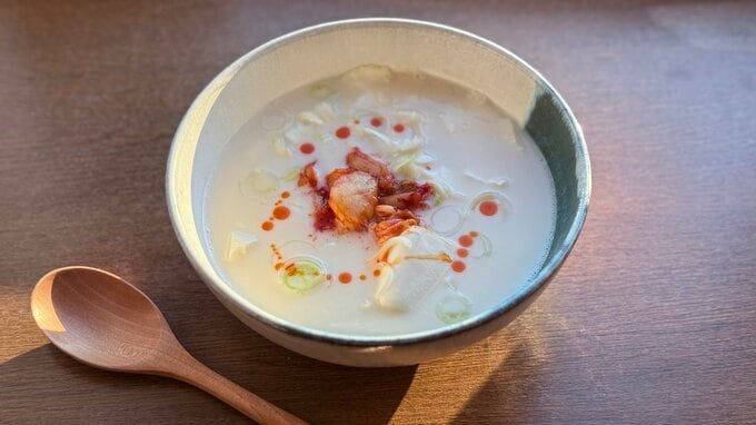 レンチン豆乳キムチ鍋風スープ完成写真