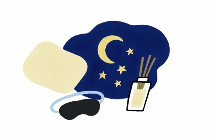 夜空と枕、アイマスク、リードディフューザーのイラスト