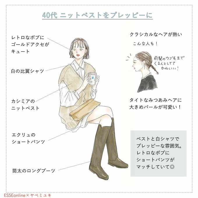 40代は、ニットベストをプレッピーに
