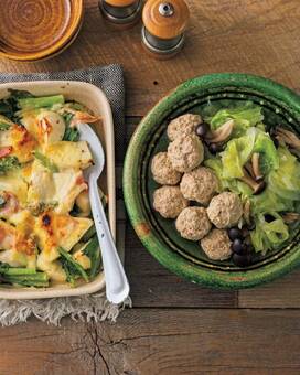 肉団子とキャベツのスープ煮、カブのチーズ焼き。野菜たっぷり糖質オフ献立