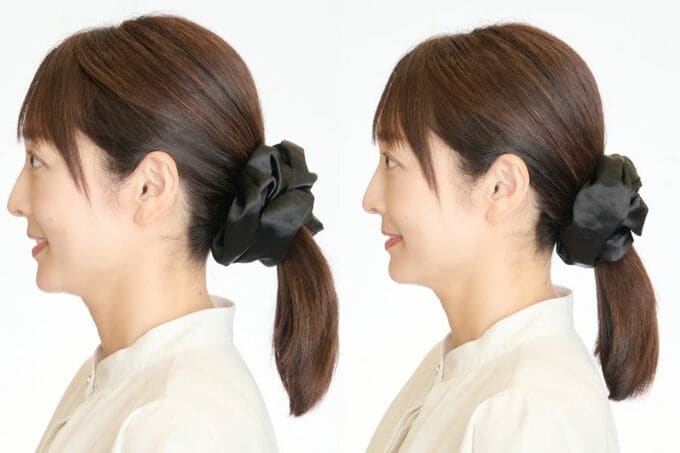 左:大きめのシュシュの場合、えり足から毛束が浮くと、バランスが悪く見える。右:結び方を変えるとシュシュのおさまりがよくなる