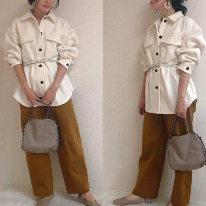 シャツジャケットに合わせて秋のトレンドコーデ！