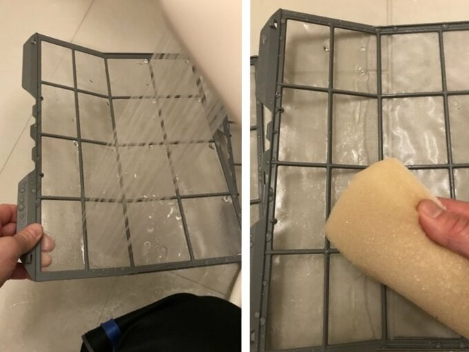シャワーを当ててホコリを押し出すように洗い流す